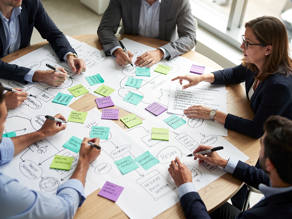 Grupo de emprendedores realizando un ejercicio de mapeo de residuos en papel