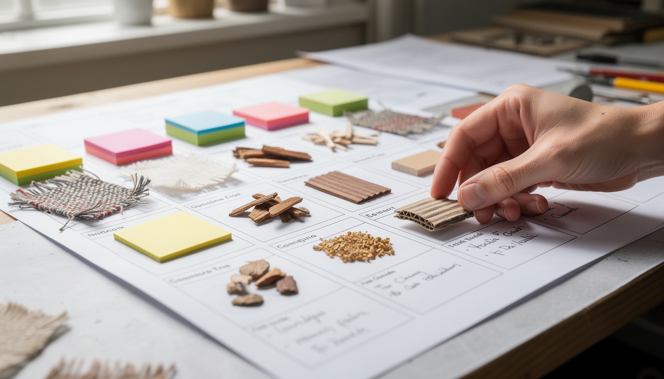 Mesa de trabajo con muestras de materiales residuales y fichas de análisis durante el taller
