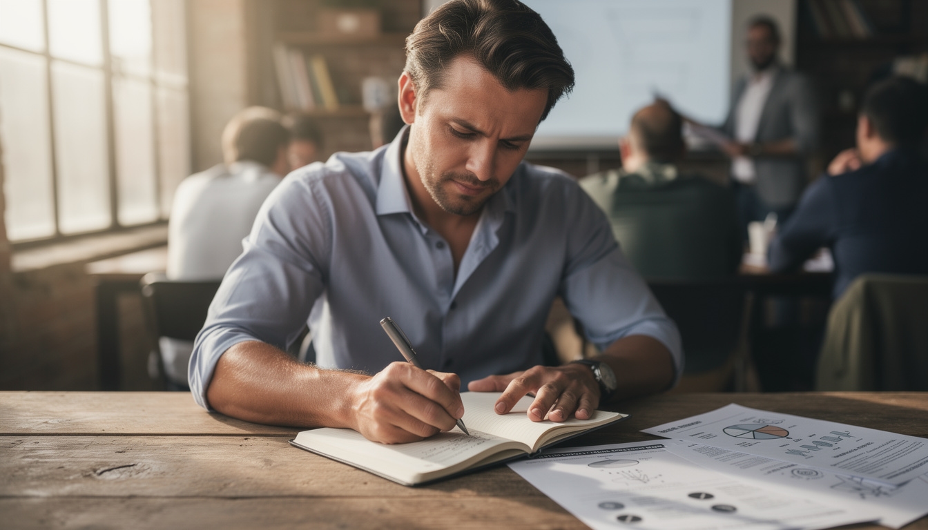 Emprendedor concentrado tomando notas detalladas durante el ejercicio de cálculo económico