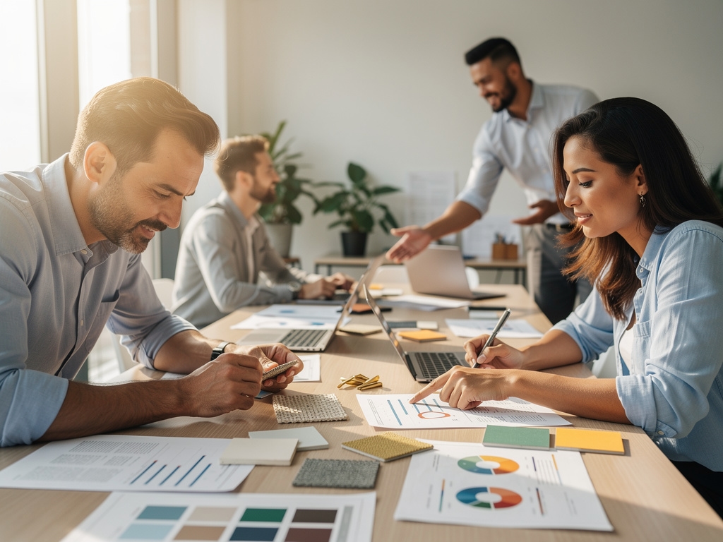 Emprendedores en sesión de trabajo intensiva analizando materiales y documentos sobre la mesa